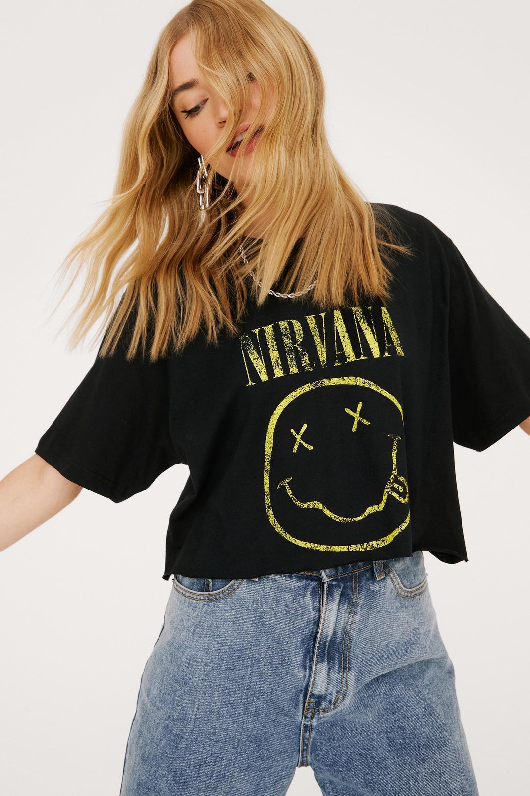 Black Nirvana Smiley Face Cropped Graphic T-Shirt image number 1