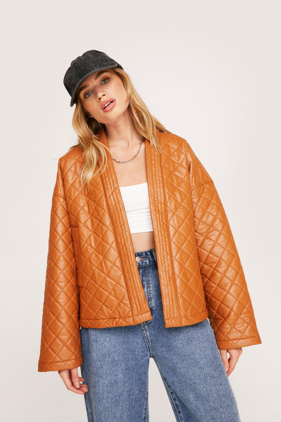 Tan Faux Leather Quilted Open Front Relaxed Jacket image number 1