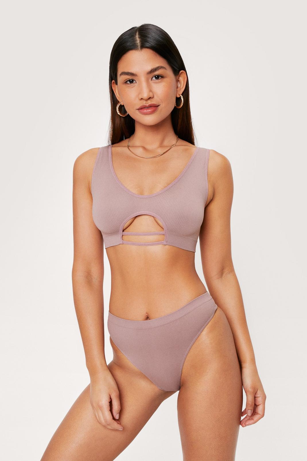 Mocha Seamless Ribbed Cut Out Bralette and Panties Set image number 1