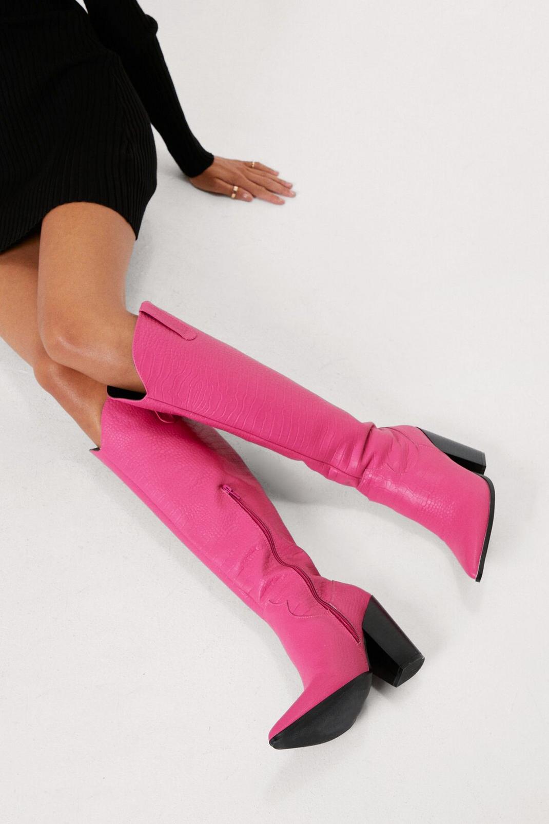 Magenta pink Faux Croc Knee High Western Boots image number 1