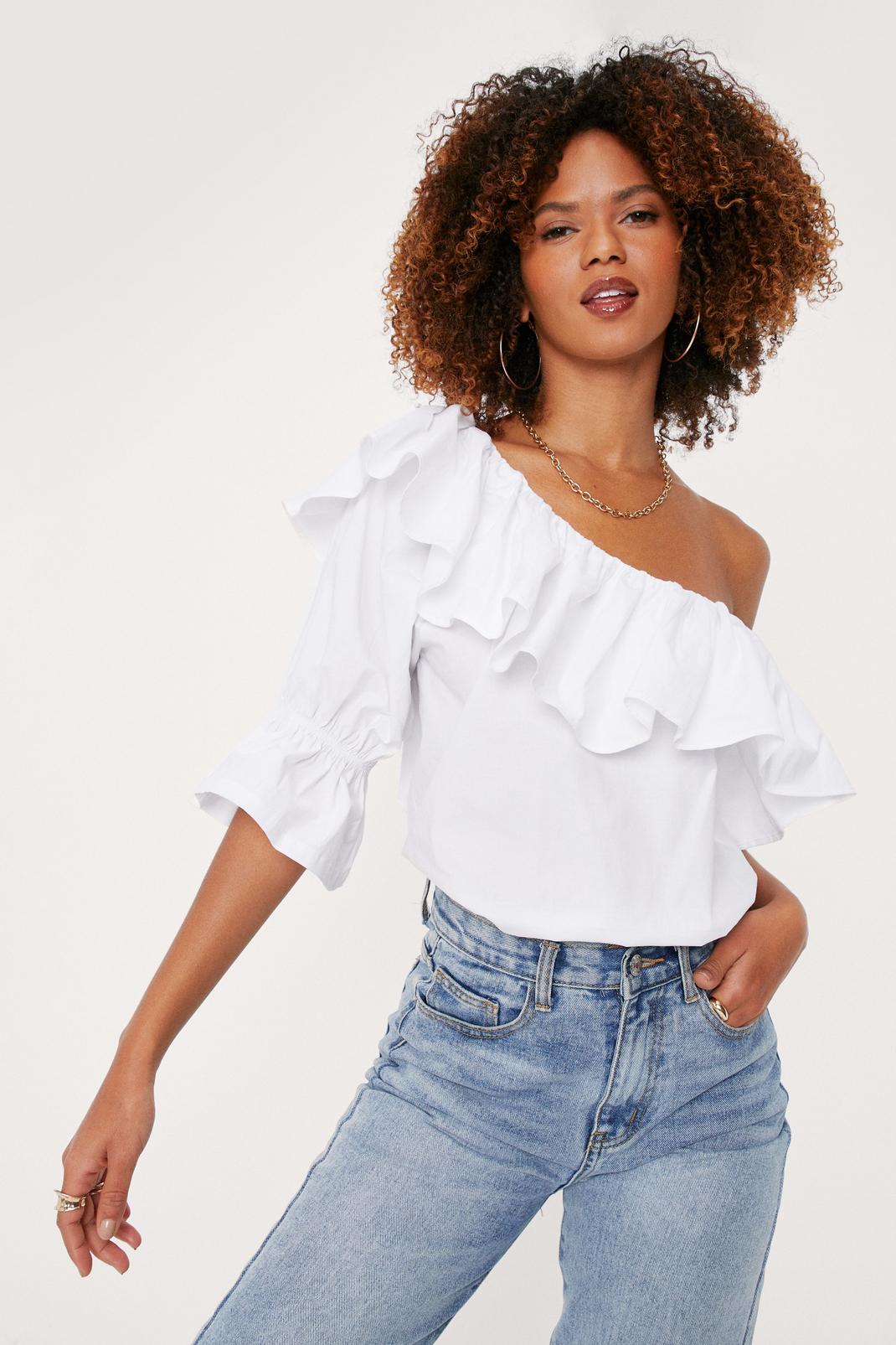 White Ruffle Detail One Shoulder Blouse image number 1