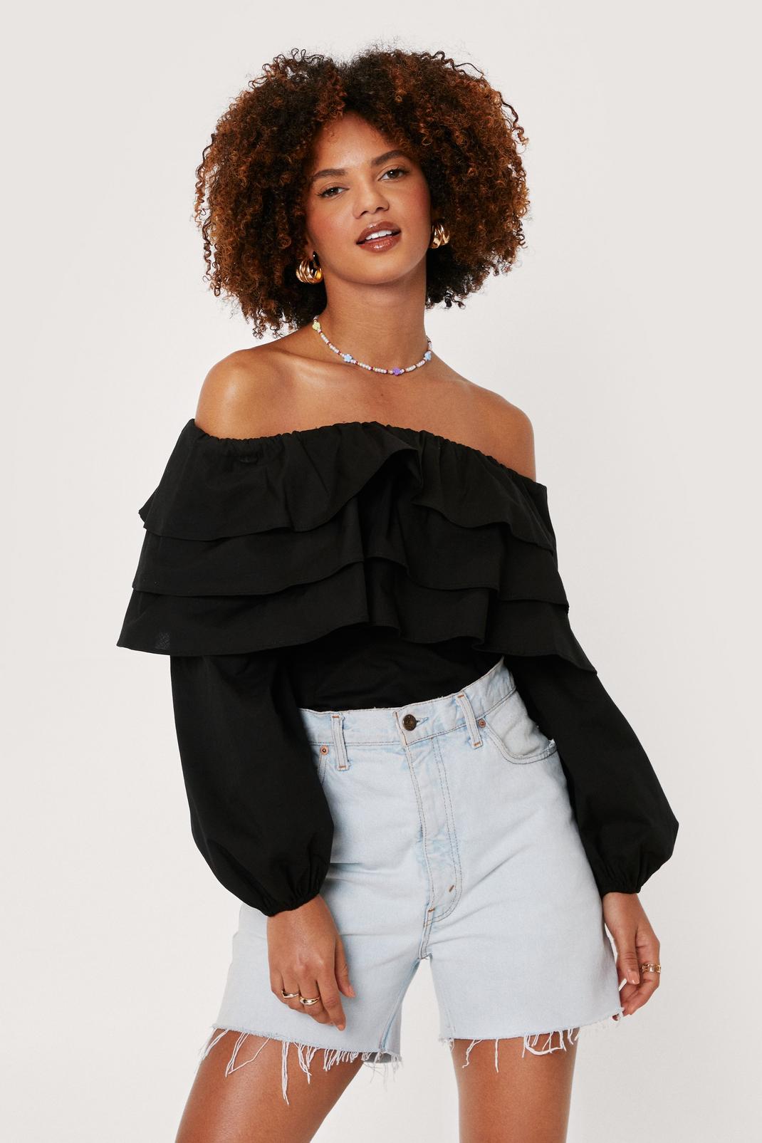 Black Ruffle Tiered Off the Shoulder Top image number 1