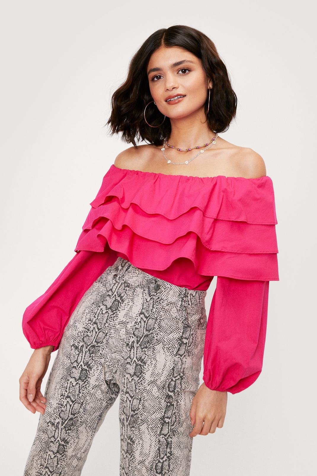 Hot pink Ruffle Tiered Off the Shoulder Top image number 1