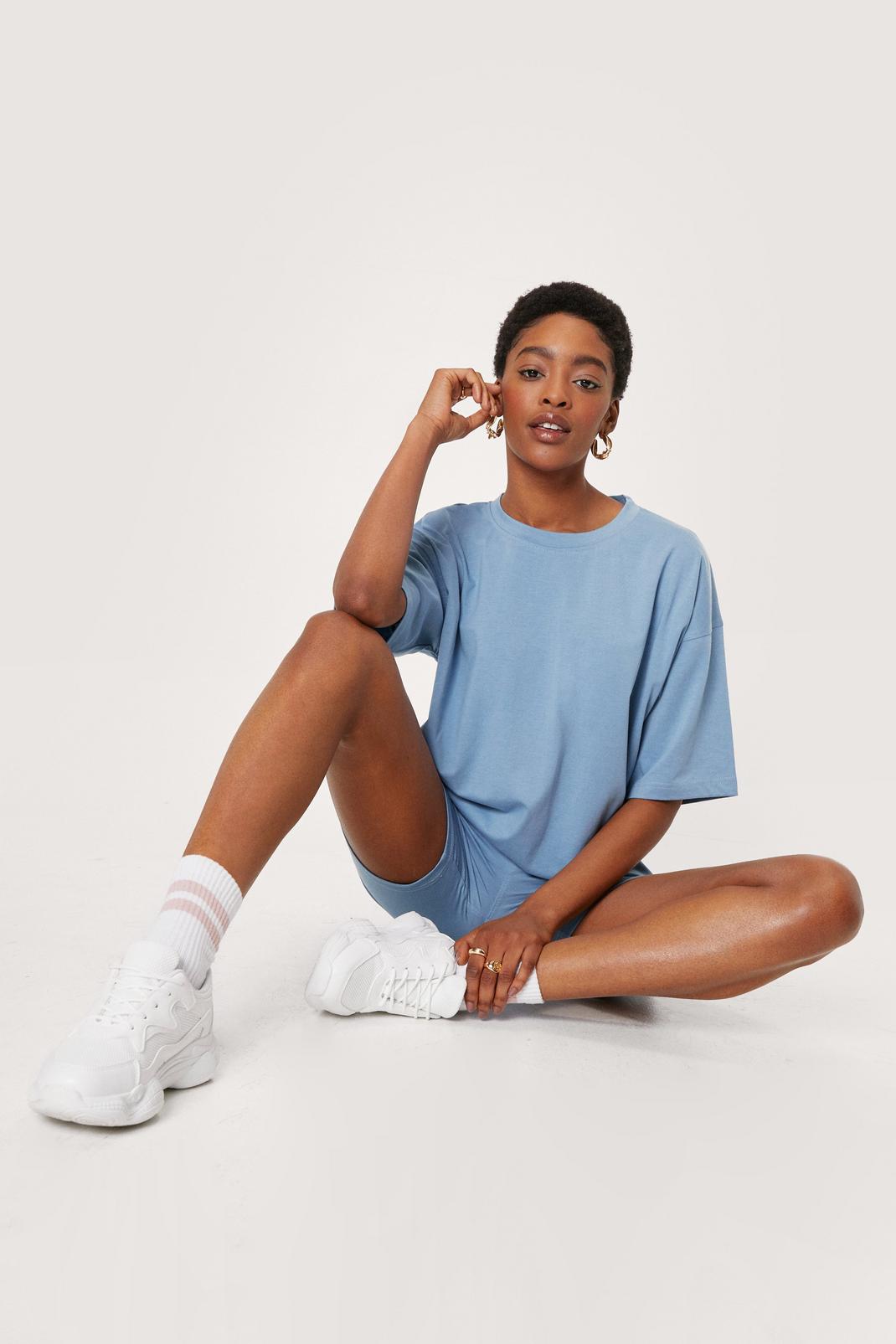 Blue Crew Neck T-Shirt and Longline Cycling Shorts Set image number 1