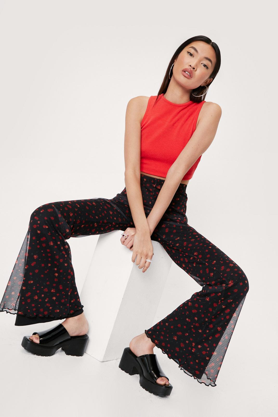 Multi Mesh Floral Print High Waisted Flares image number 1