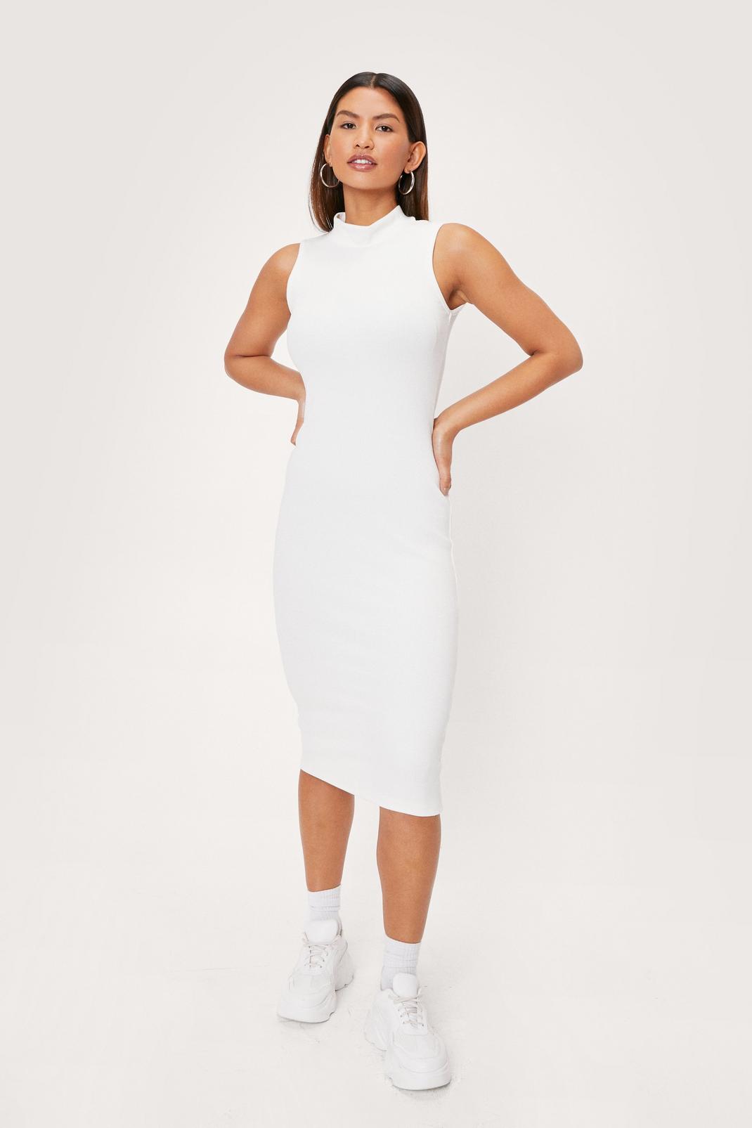 Ecru Open Back High Neck Fitted Ribbed Midi Dress image number 1