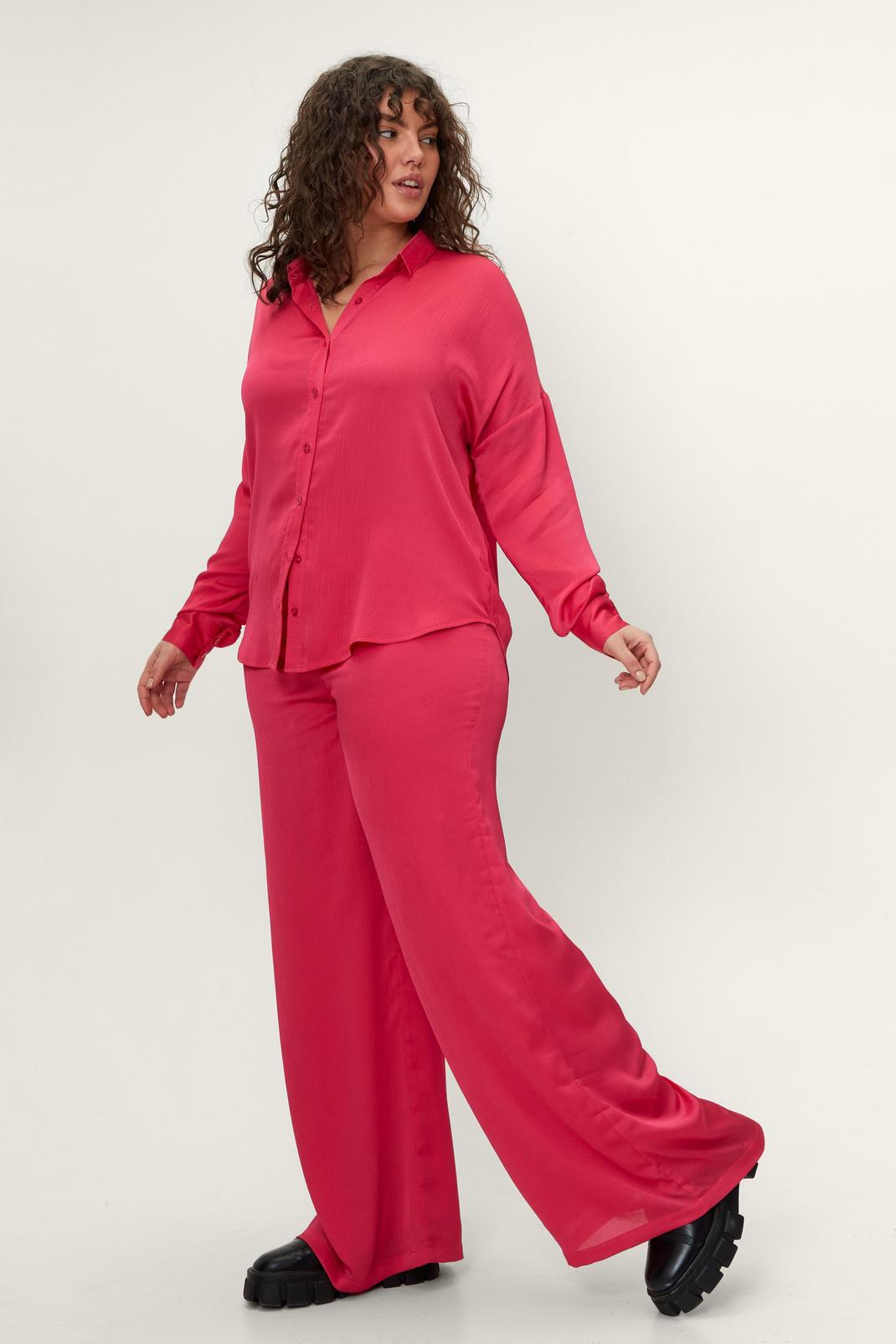 Hot pink Plus Size Satin High Waisted Wide Leg Pants image number 1