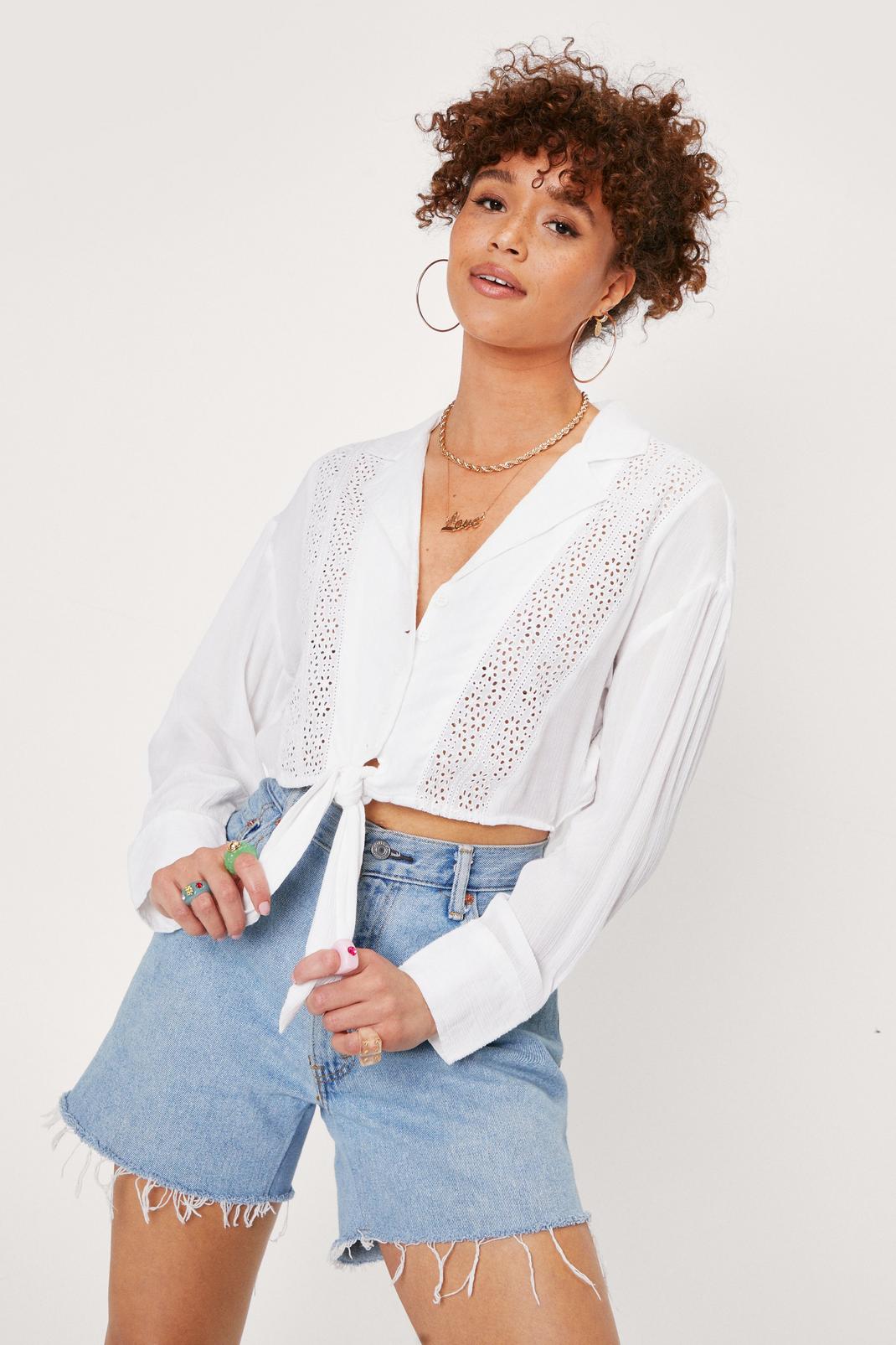 White Broderie Anglaise Tie Front Cropped Shirt image number 1