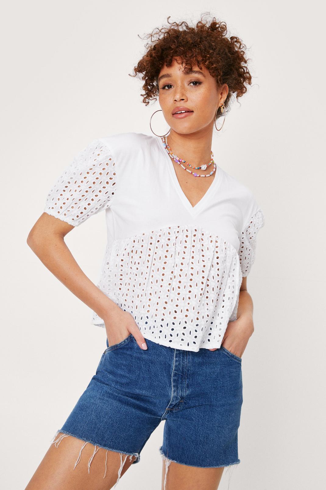 White Broderie Anglaise Puff Sleeve Smock Blouse image number 1