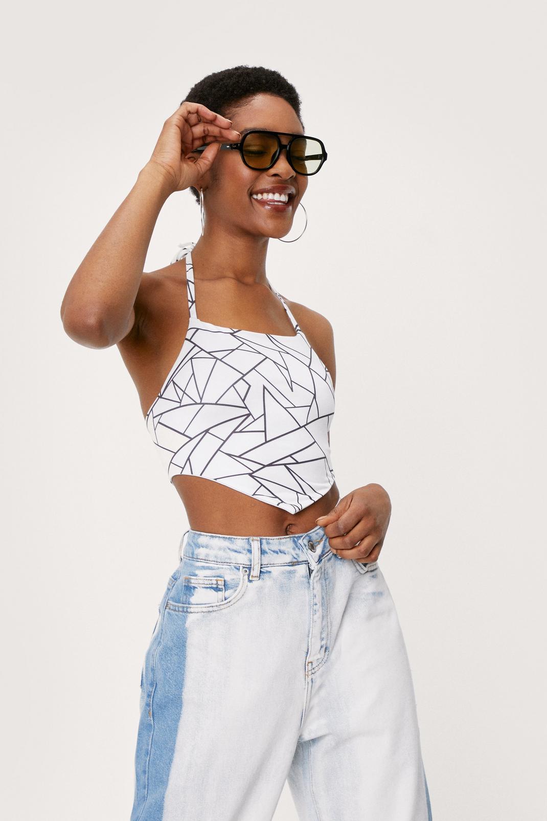 White Cropped Geometric Print Halter Neck Cami Top image number 1