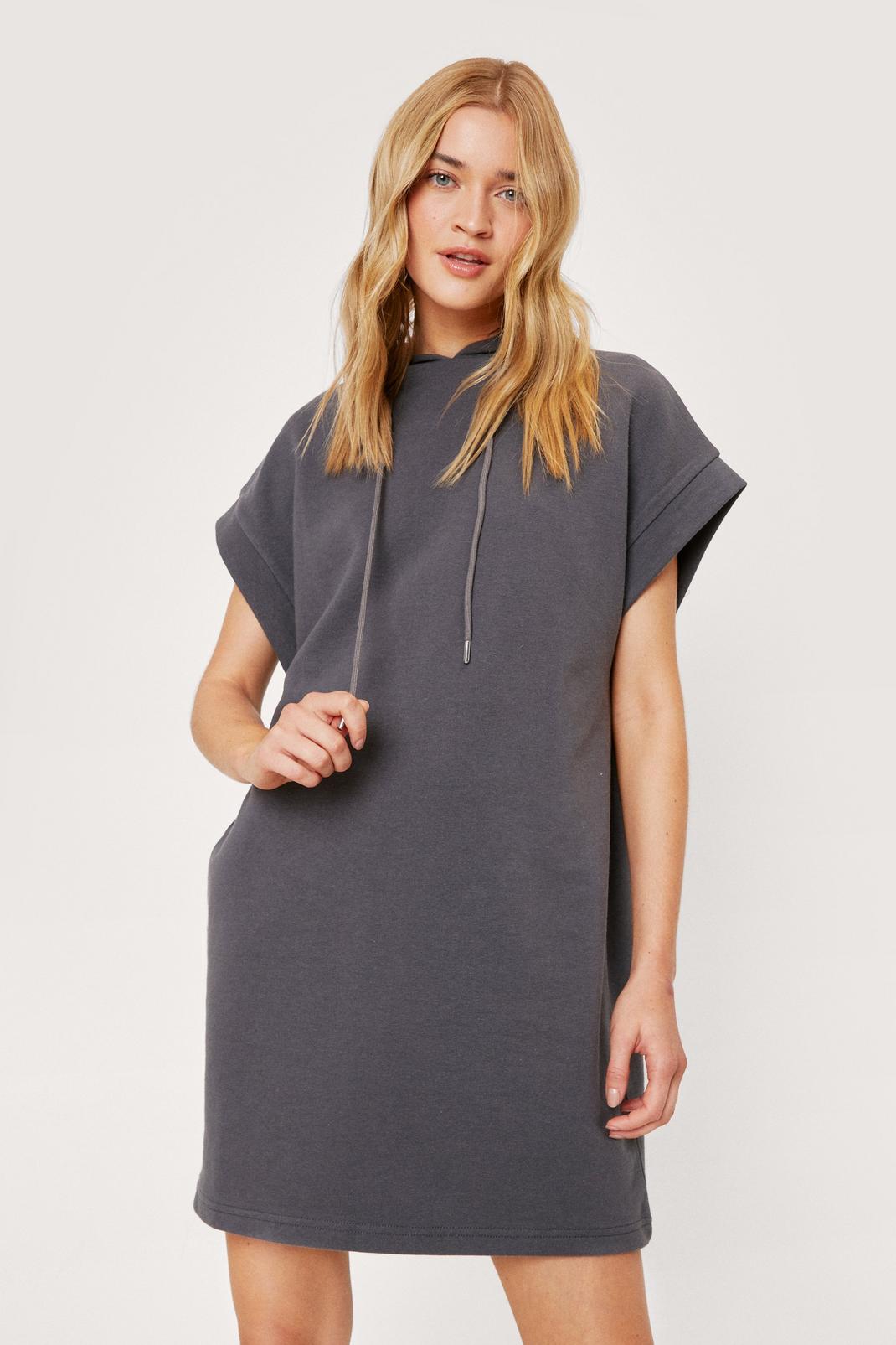 Charcoal Hooded Oversized Short Sleeve Sweatshirt Dress image number 1