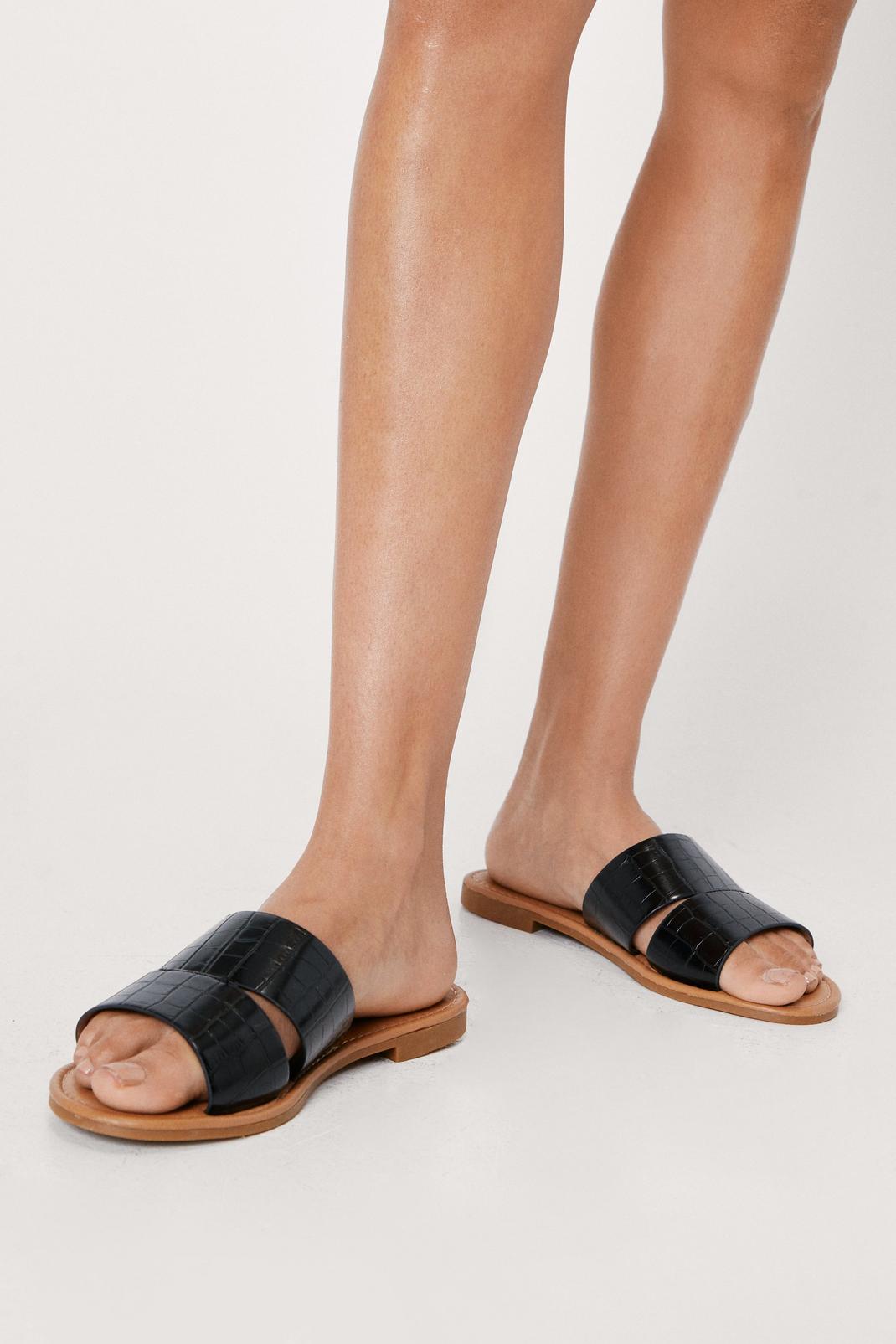 Black Wide Fit Faux Leather Croc Flat Sandals image number 1