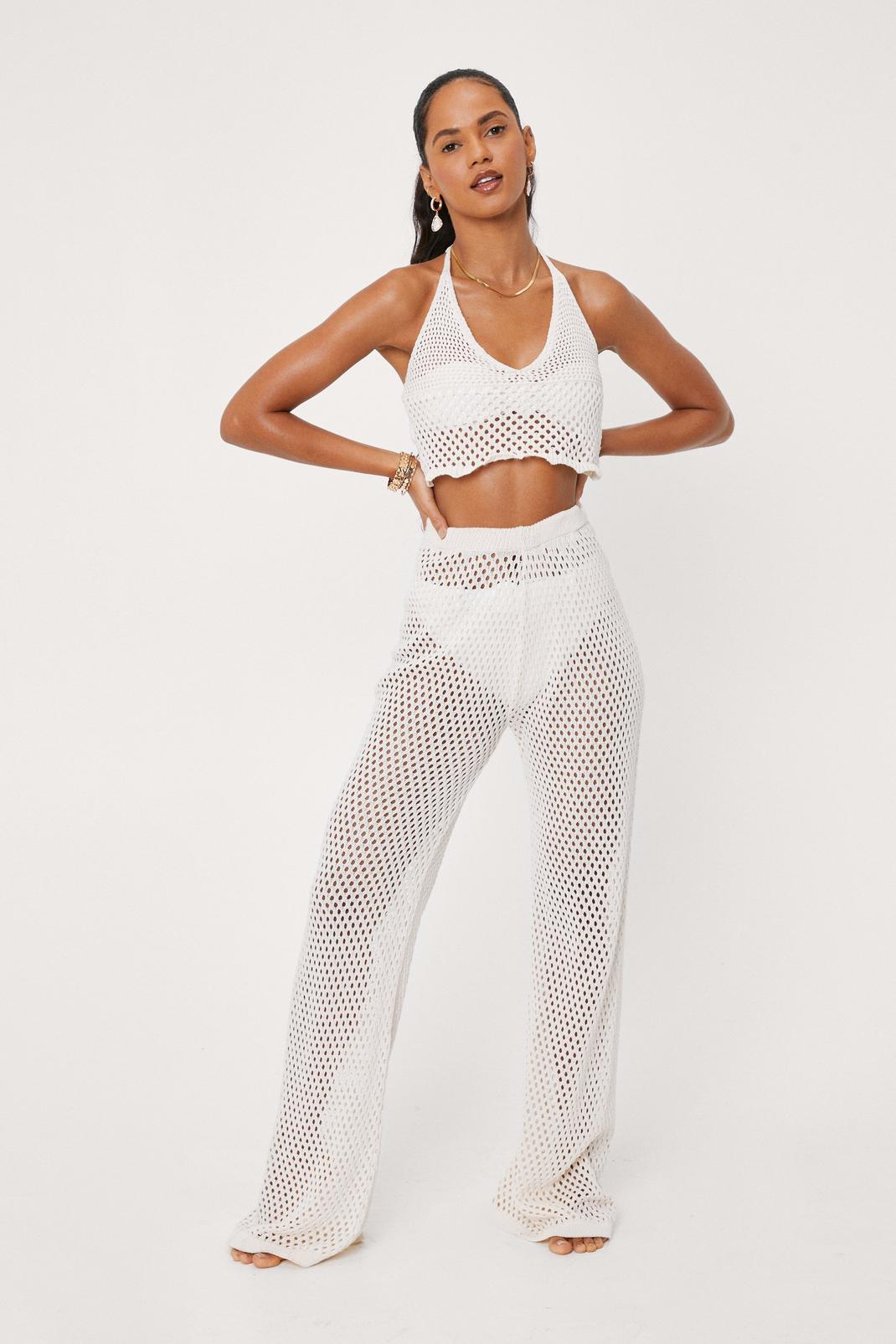 Cream Crochet Wide Leg Beach Cover Up Pants image number 1