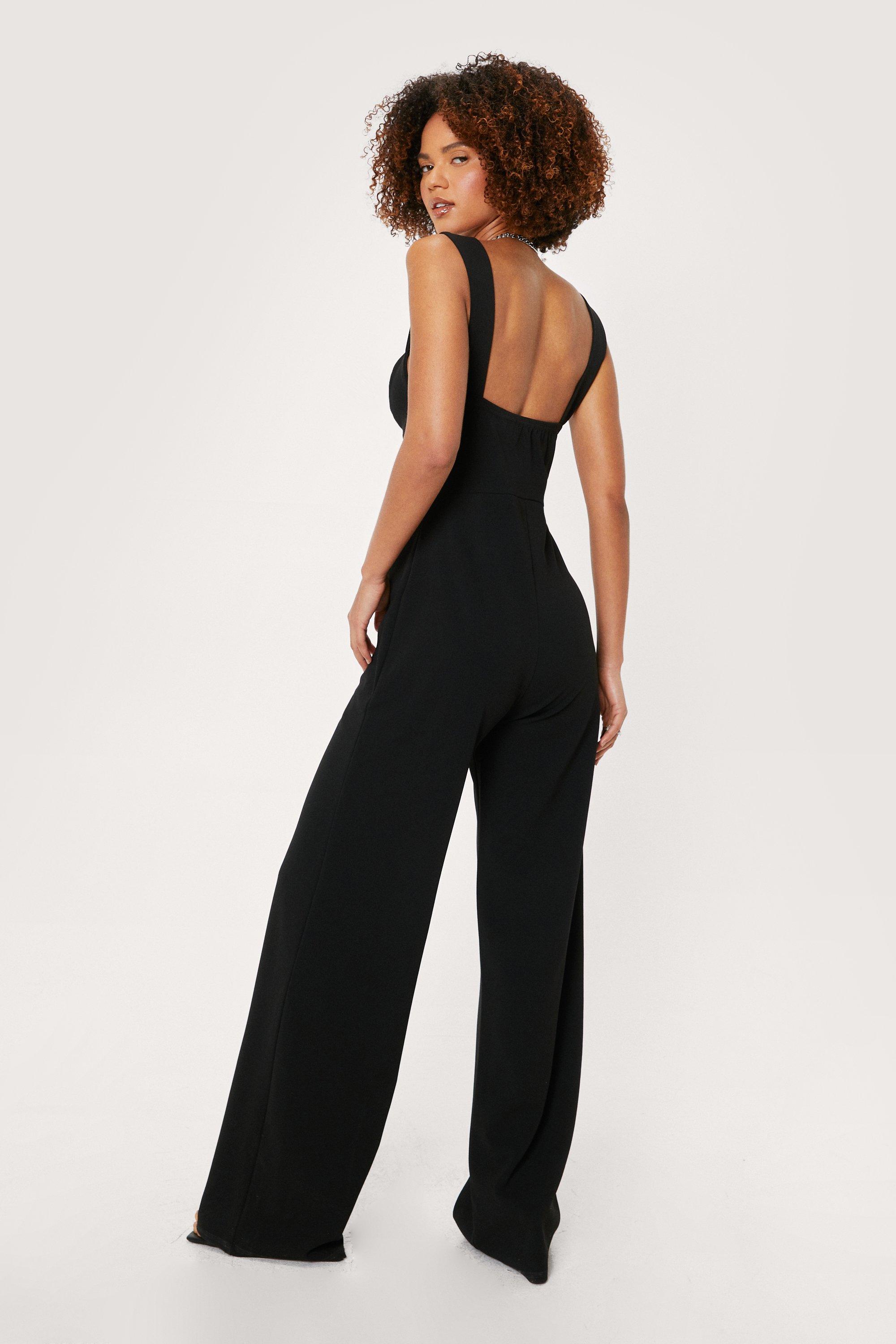 Black Pu Cup Detail Cut Out Chest Jumpsuit