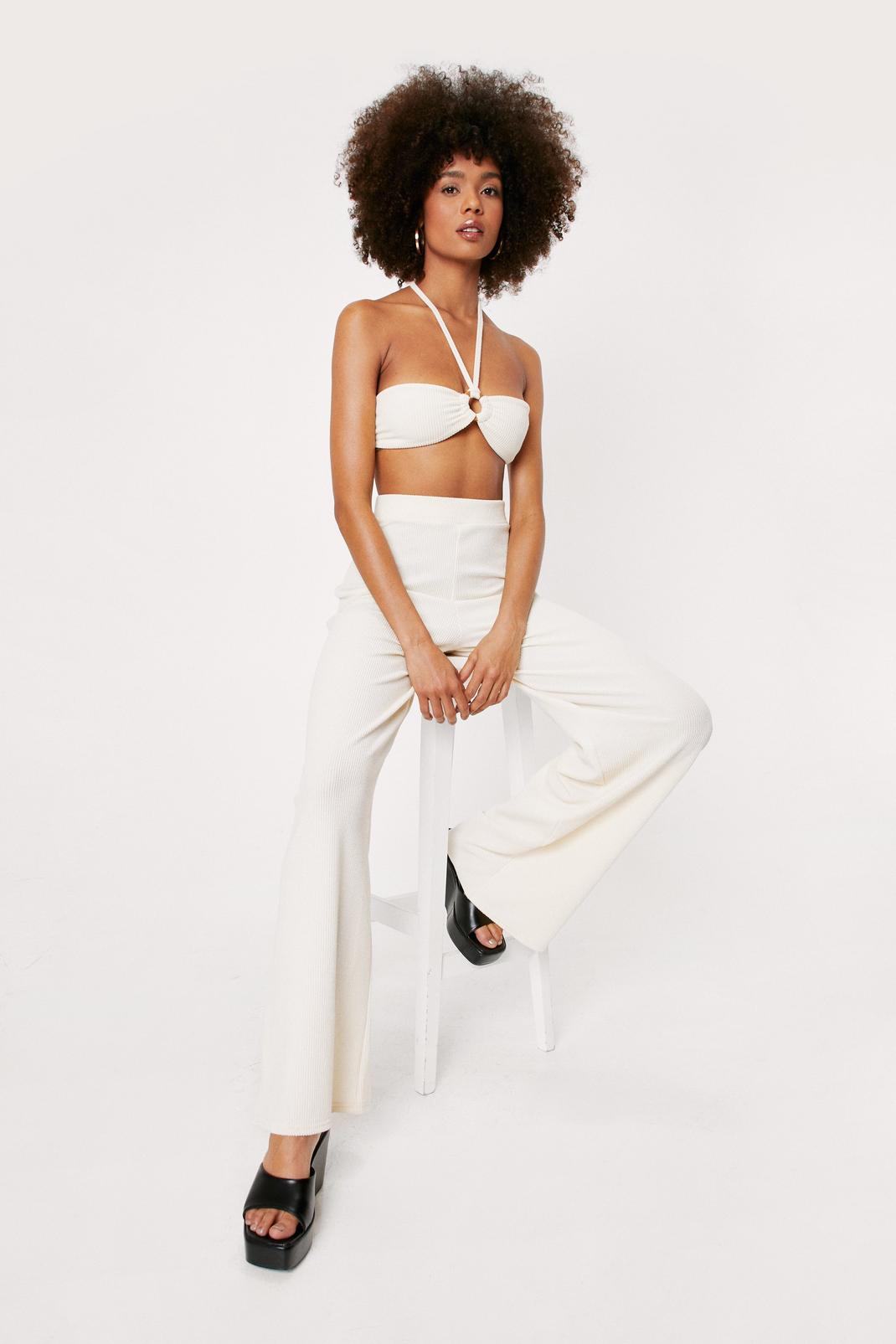Ecru Ribbed O Ring Bandeau and Wide Leg Trousers Set image number 1