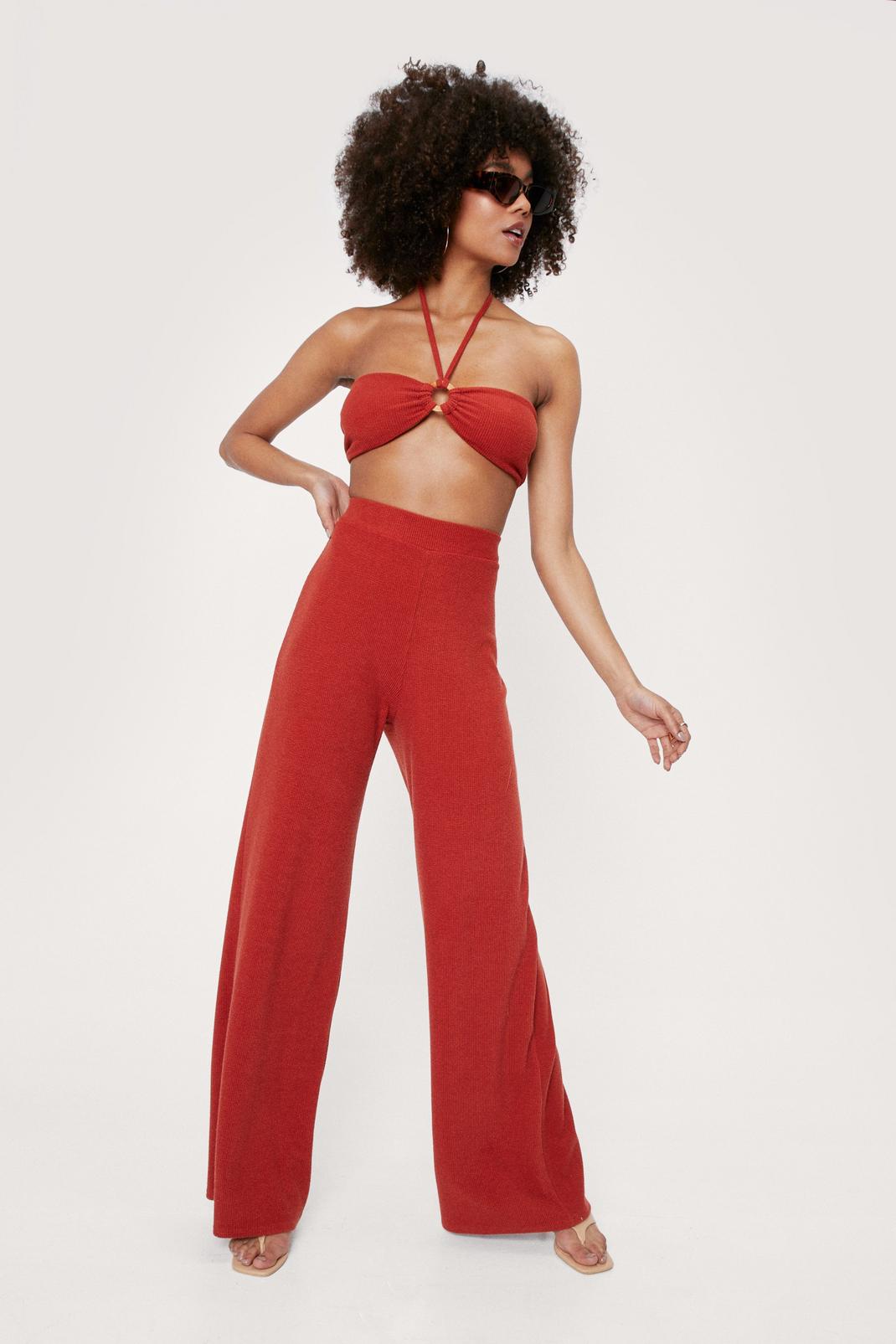 Rust Ribbed O Ring Bandeau and Wide Leg Pants Set image number 1
