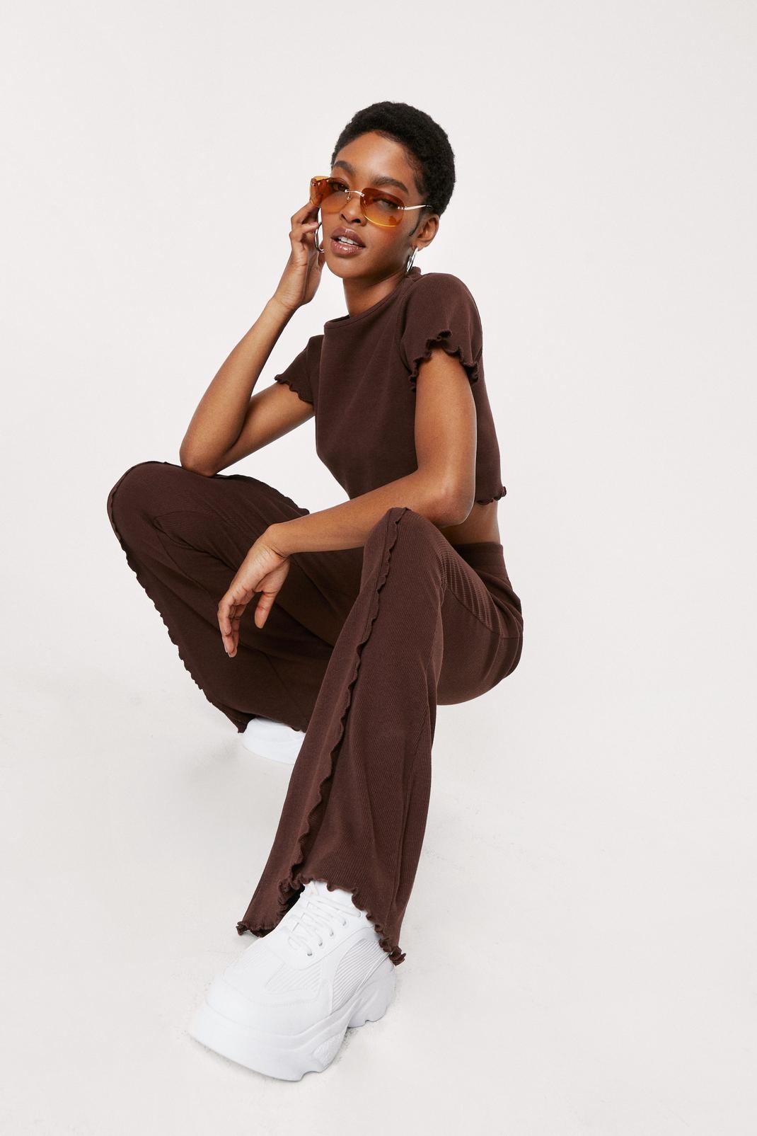 Chocolate Ruffle Cropped T-Shirt and Flare Pants Set image number 1