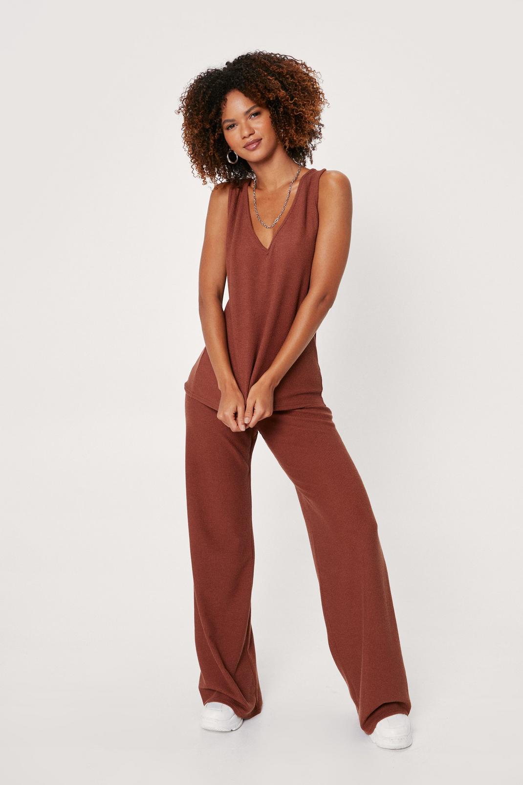 Chocolate Ribbed V Neck Top and Wide Leg Pants Set image number 1