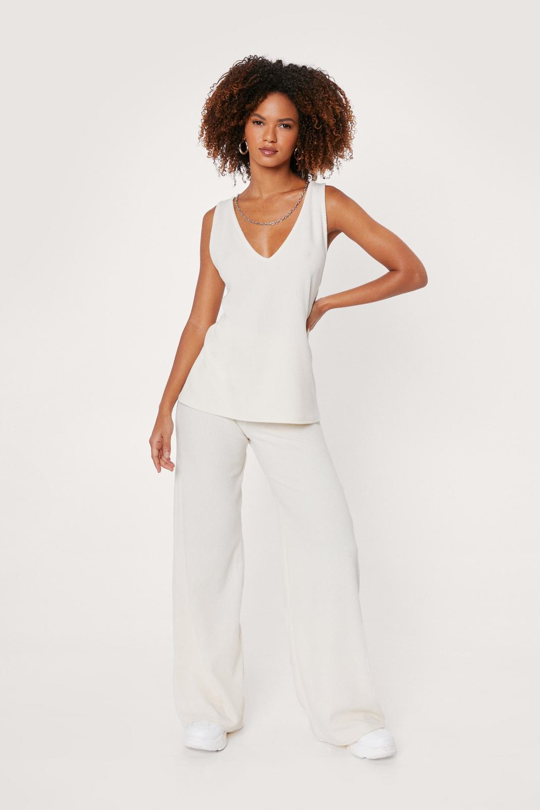 Ecru Ribbed V Neck Top and Wide Leg Trousers Set image number 1