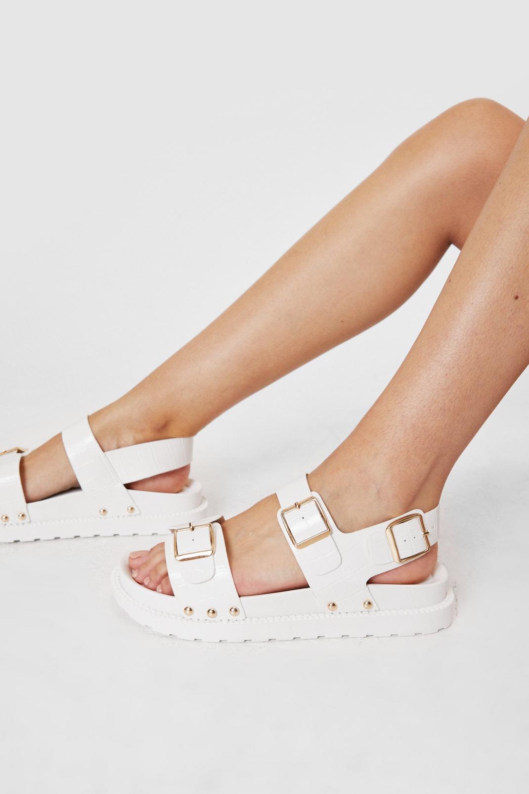 White Faux Leather Croc Double Buckle Slip On Sandals image number 1