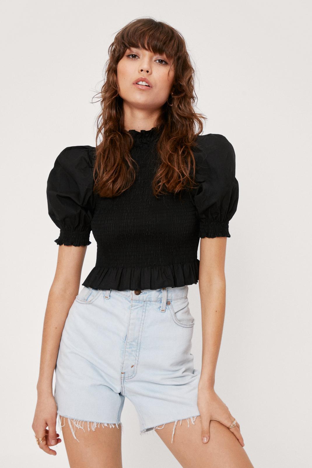 Black Shirred High Neck Puff Sleeve Top image number 1