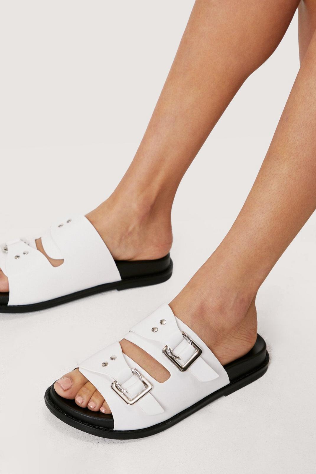 White Faux Leather Square Buckle Footbed Sandals image number 1