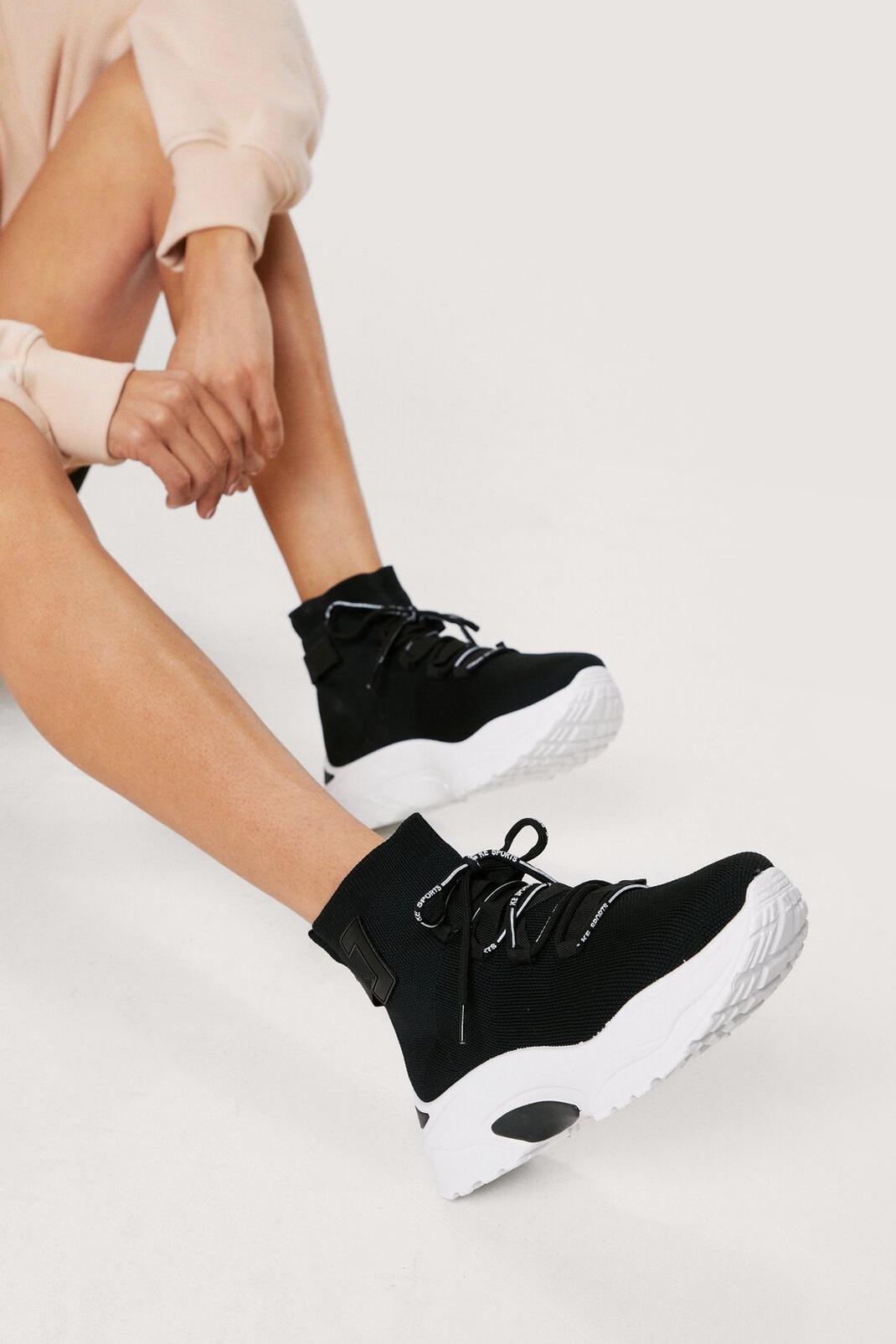 Black Knitted Chunky Lace Up Platform Sneakers image number 1