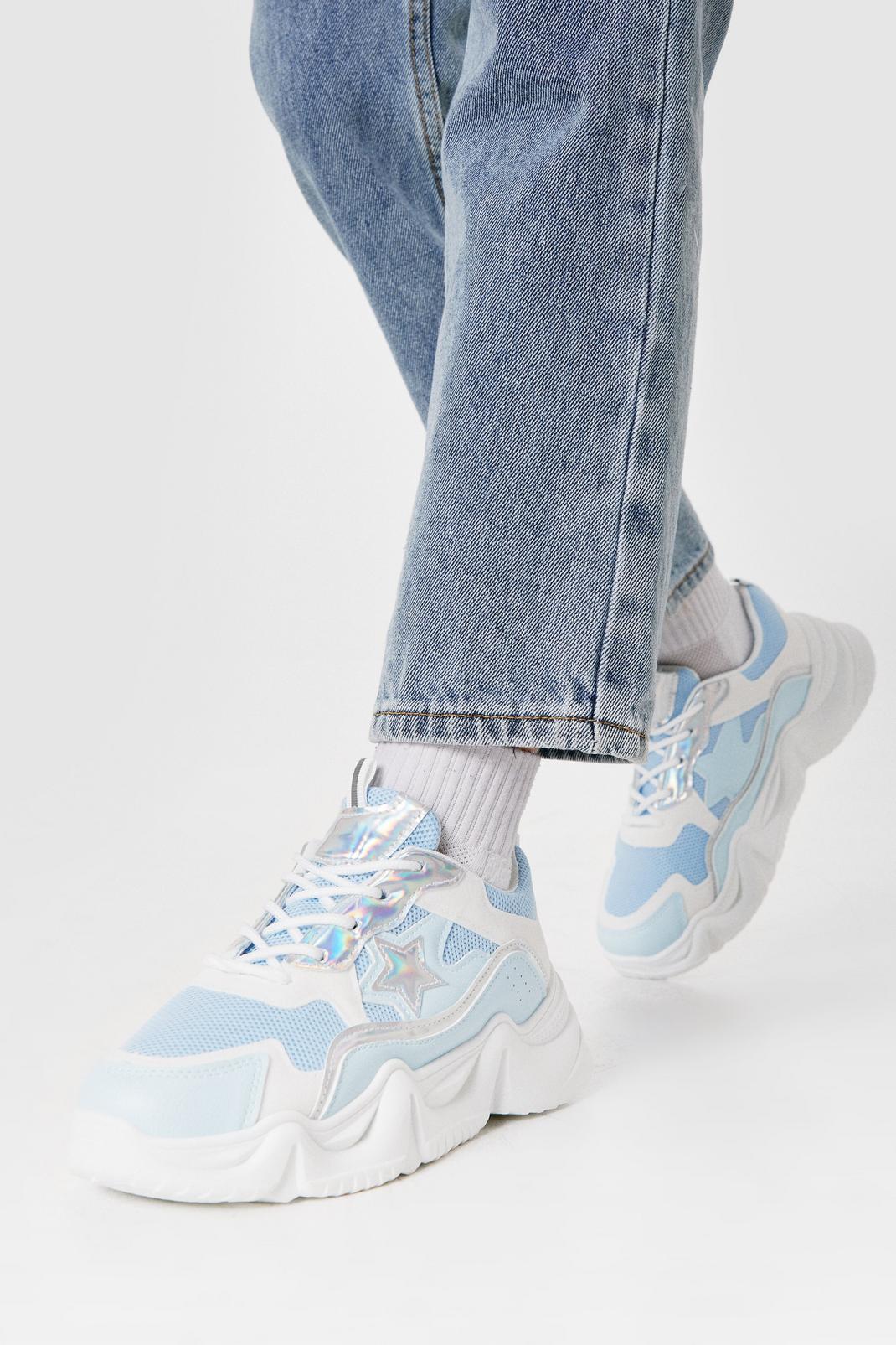 Blue Mixed Fabric Star Design Chunky Sneakers image number 1