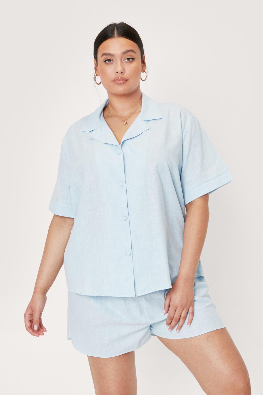 Grande Taille - Pyjama 3 pièces en coton bio chemise short & chouchou assorti, Pale blue image number 1