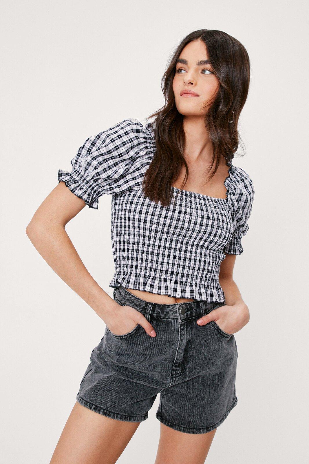 gingham puff sleeve crop top