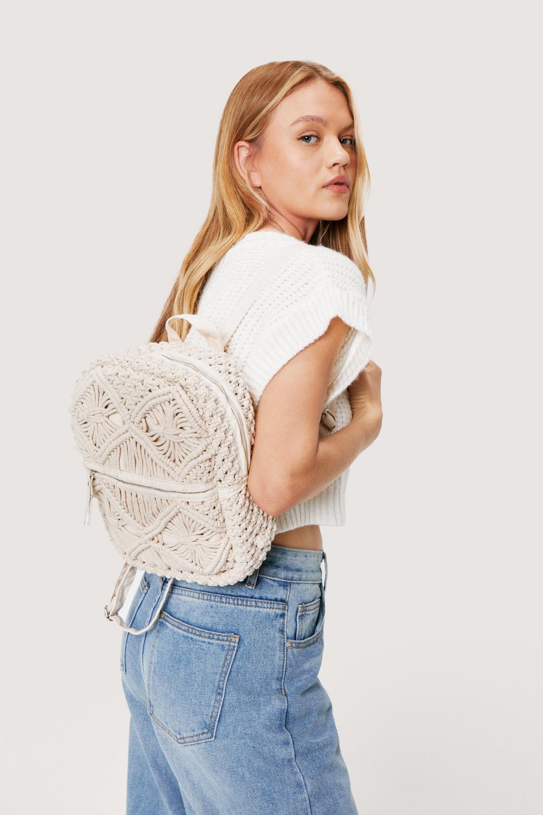 Cream Woven Oversized Zip Detail Backpack image number 1