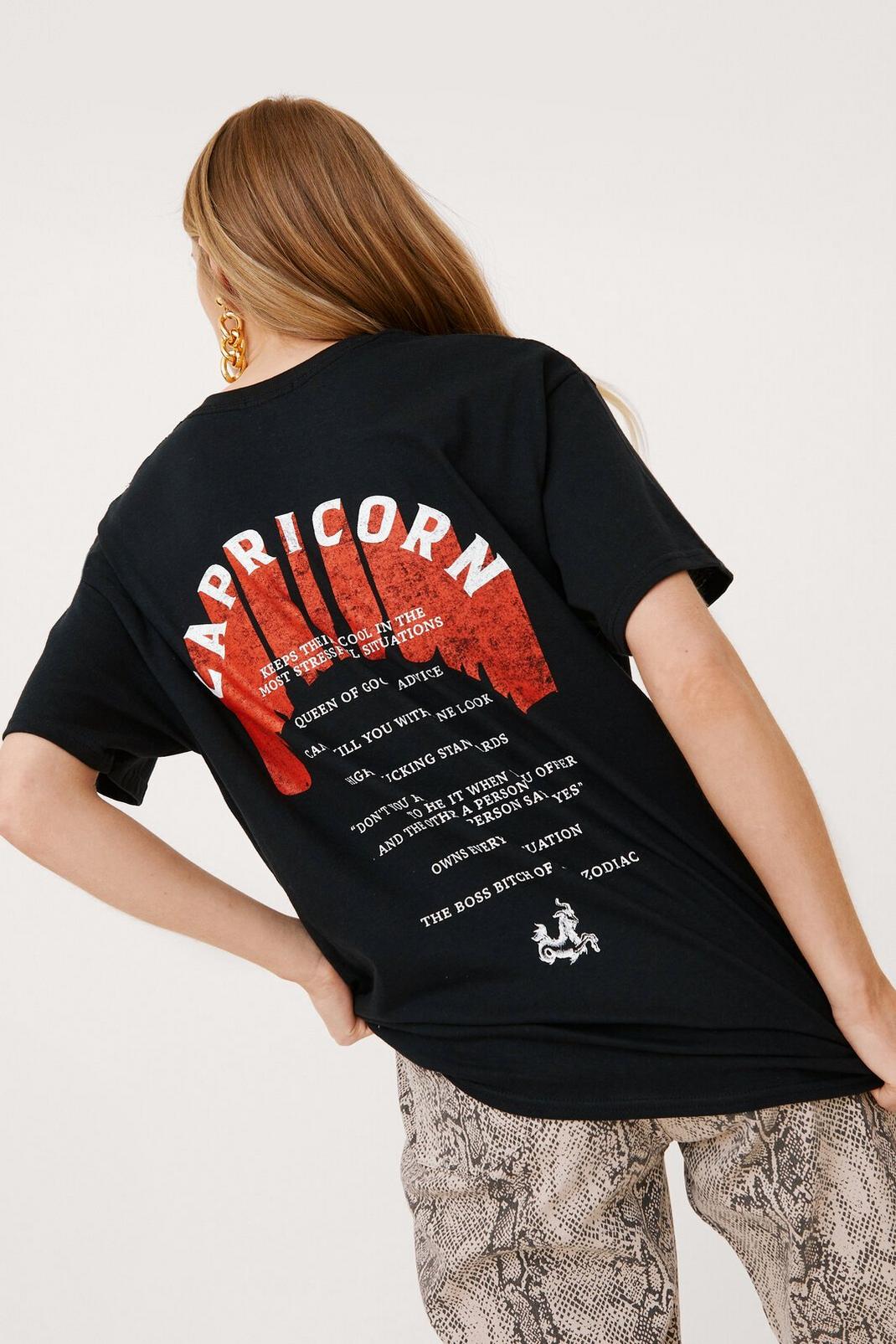 Black Capricorn Zodiac Graphic Crew Neck T-Shirt image number 1