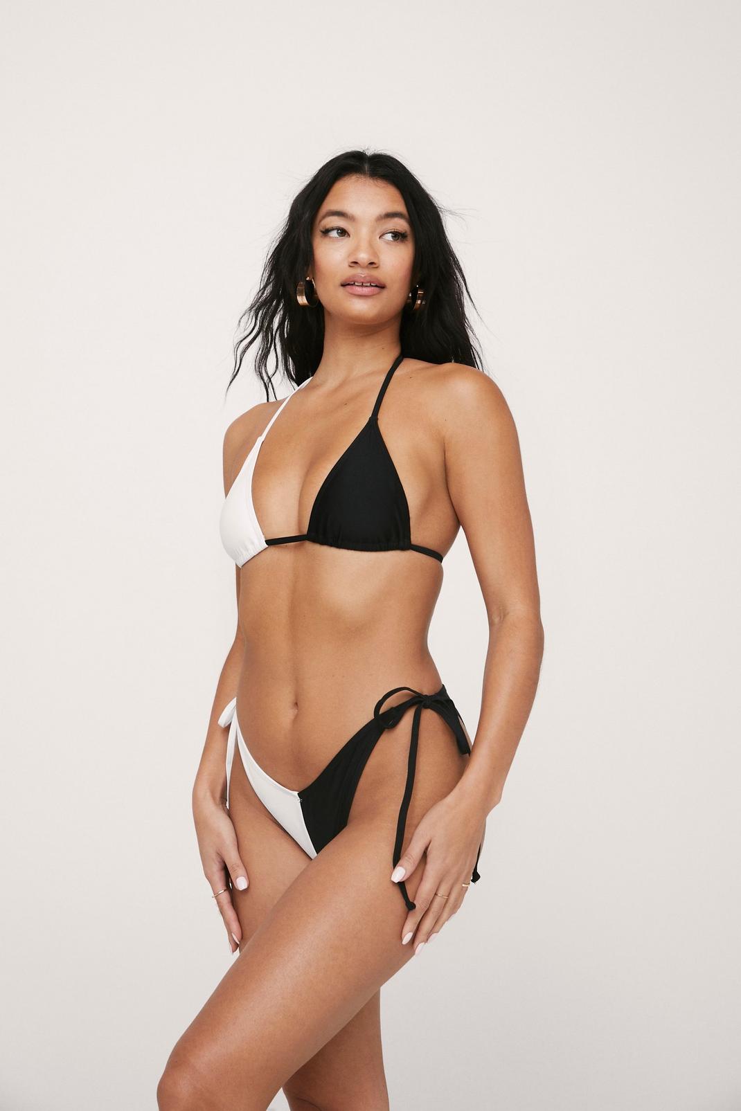 Bikini color block haut triangle & bas échancré à laçages, Black image number 1