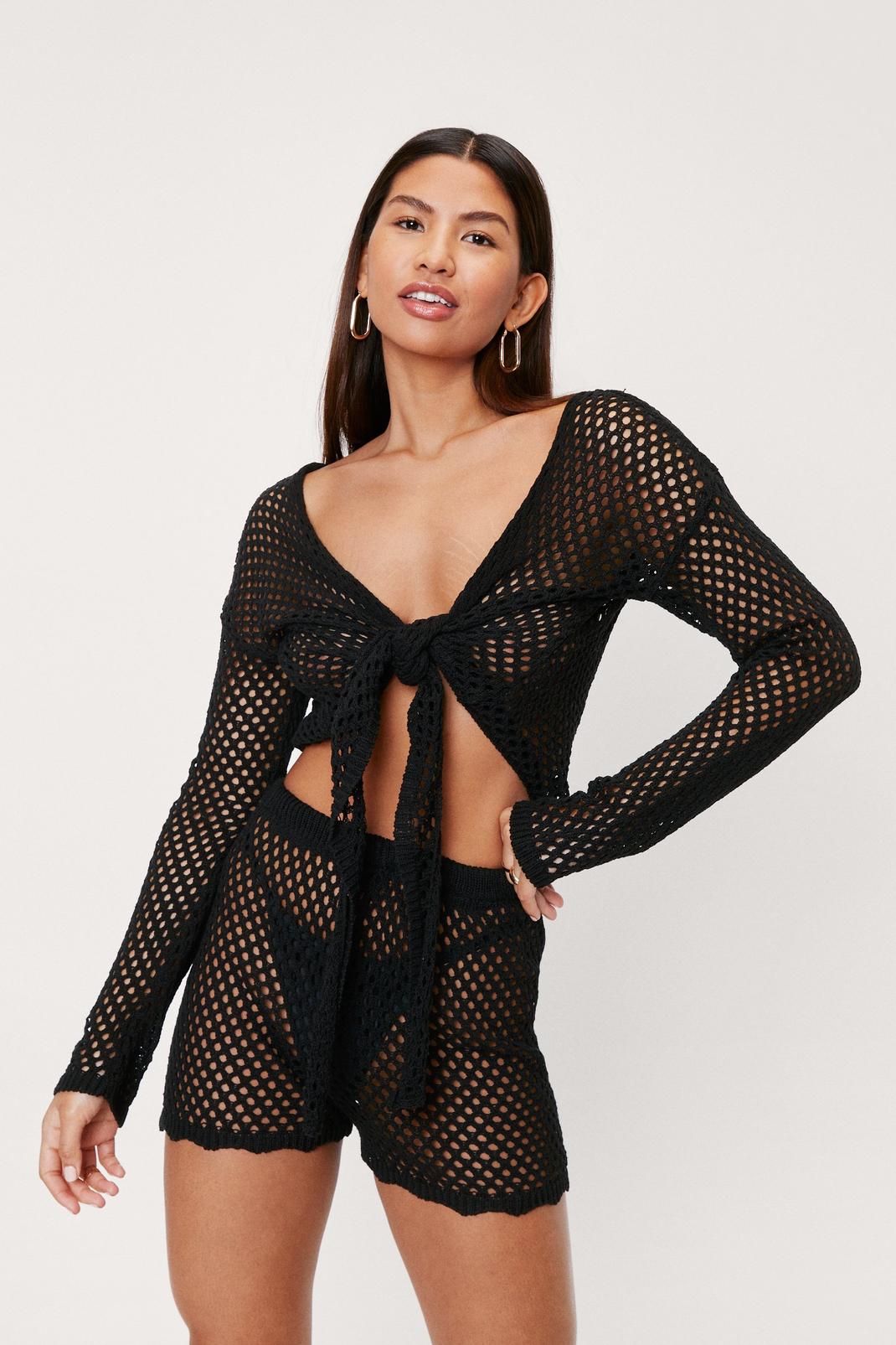 Black Crochet Tie Front Beach Cover Up Top image number 1