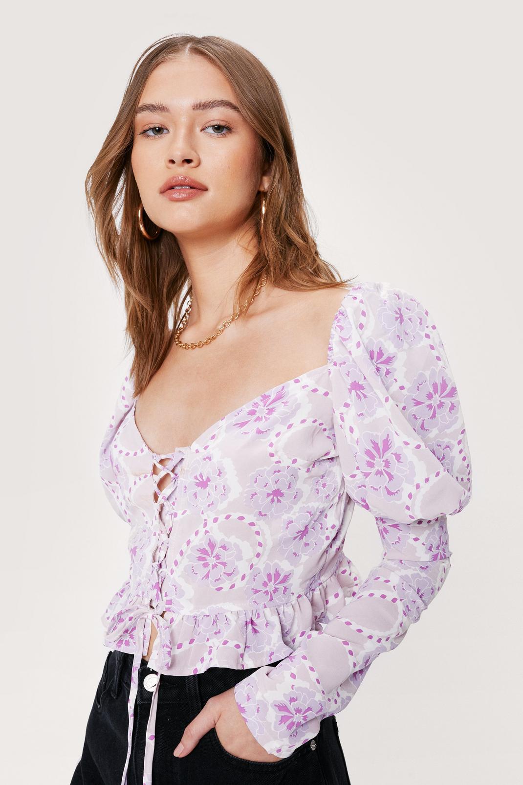Lilac Floral Puff Sleeve Lace Up Blouse image number 1