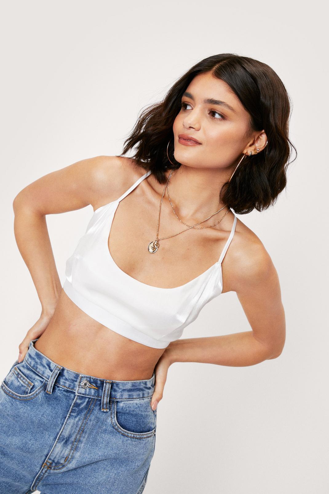 White High Shine Satin Crossover Strappy Bralette image number 1