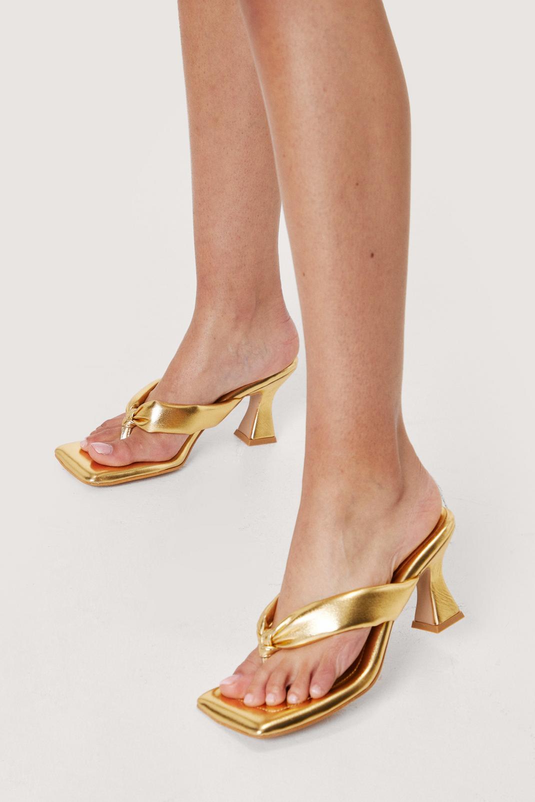 Metallic gold Faux Leather Toe Thong Heeled Mules image number 1
