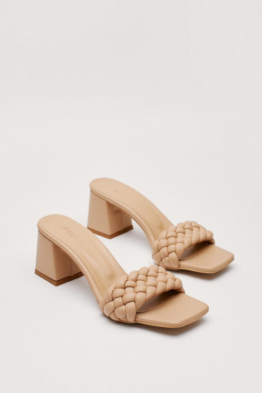 Faux Leather Woven Strap Block Heel Mules