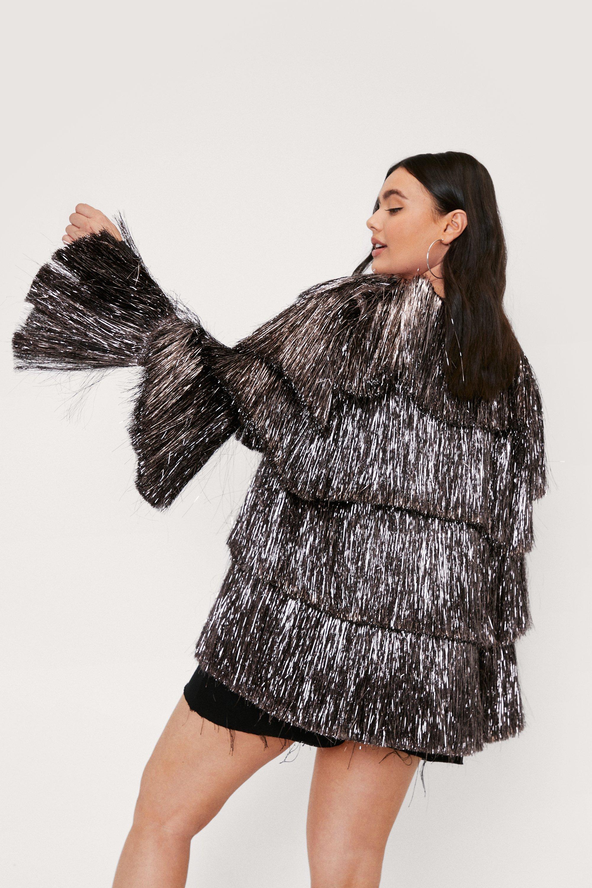 Metallic Tiered Tinsel Fringe Open Front Jacket