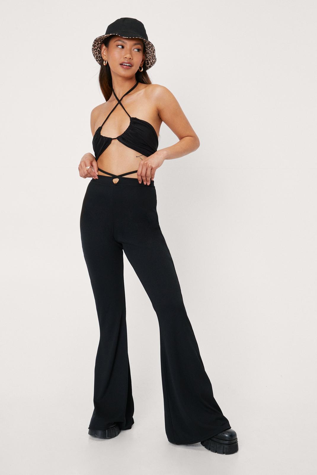 Black Petite Ribbed Strappy Flare Pants image number 1