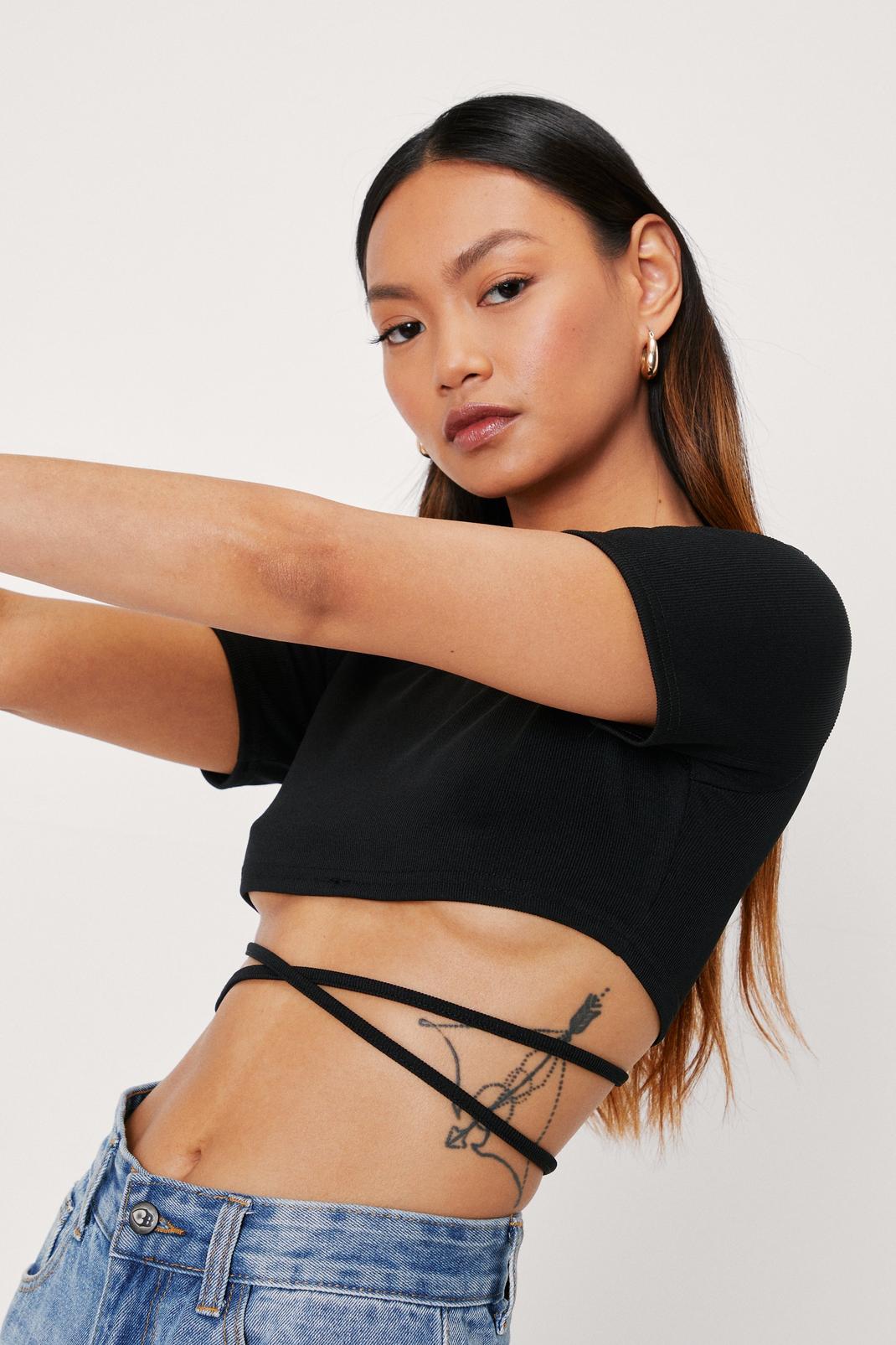 Black Petite Ribbed Strappy Cropped T-Shirt image number 1