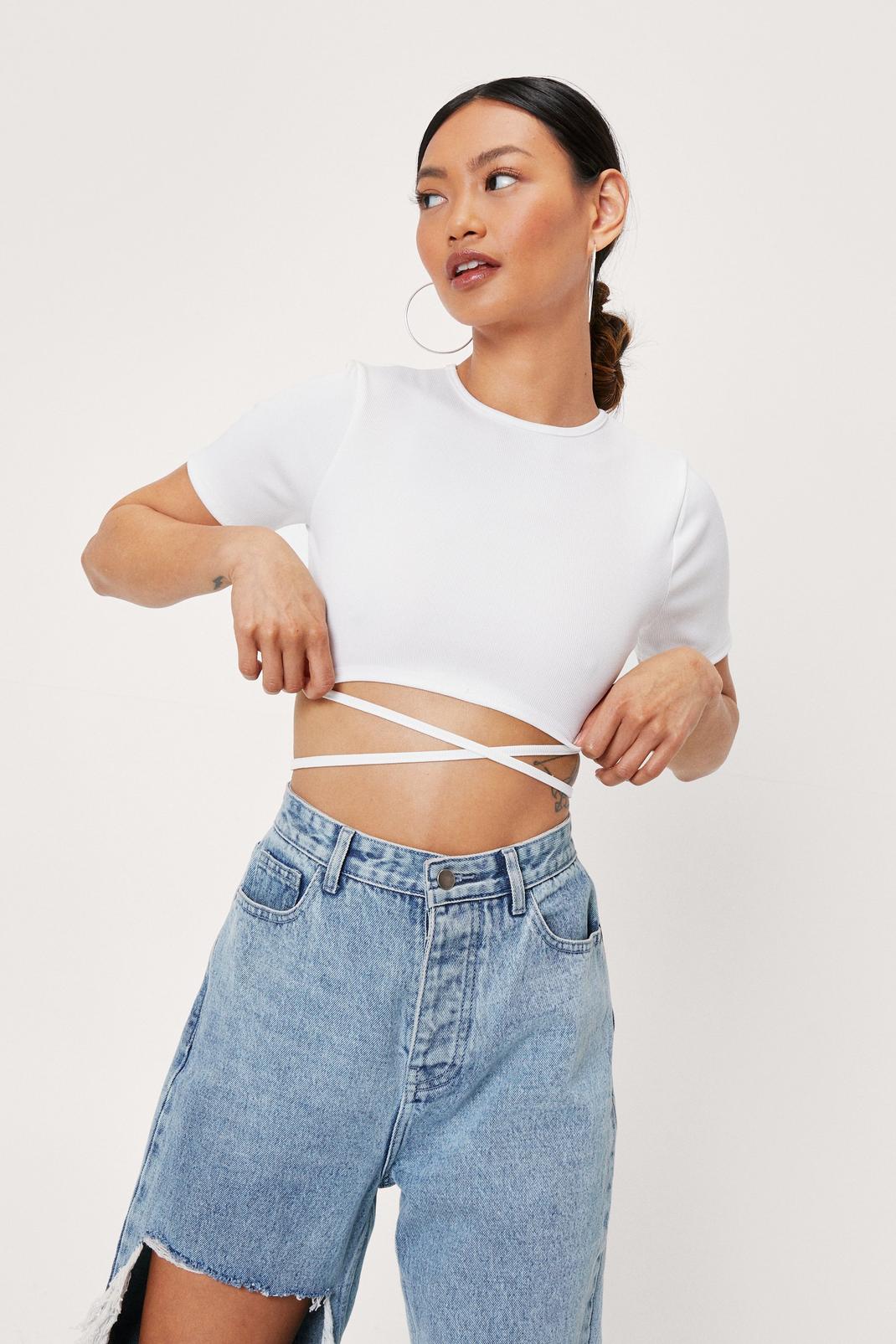 White Petite Ribbed Strappy Cropped T-Shirt image number 1