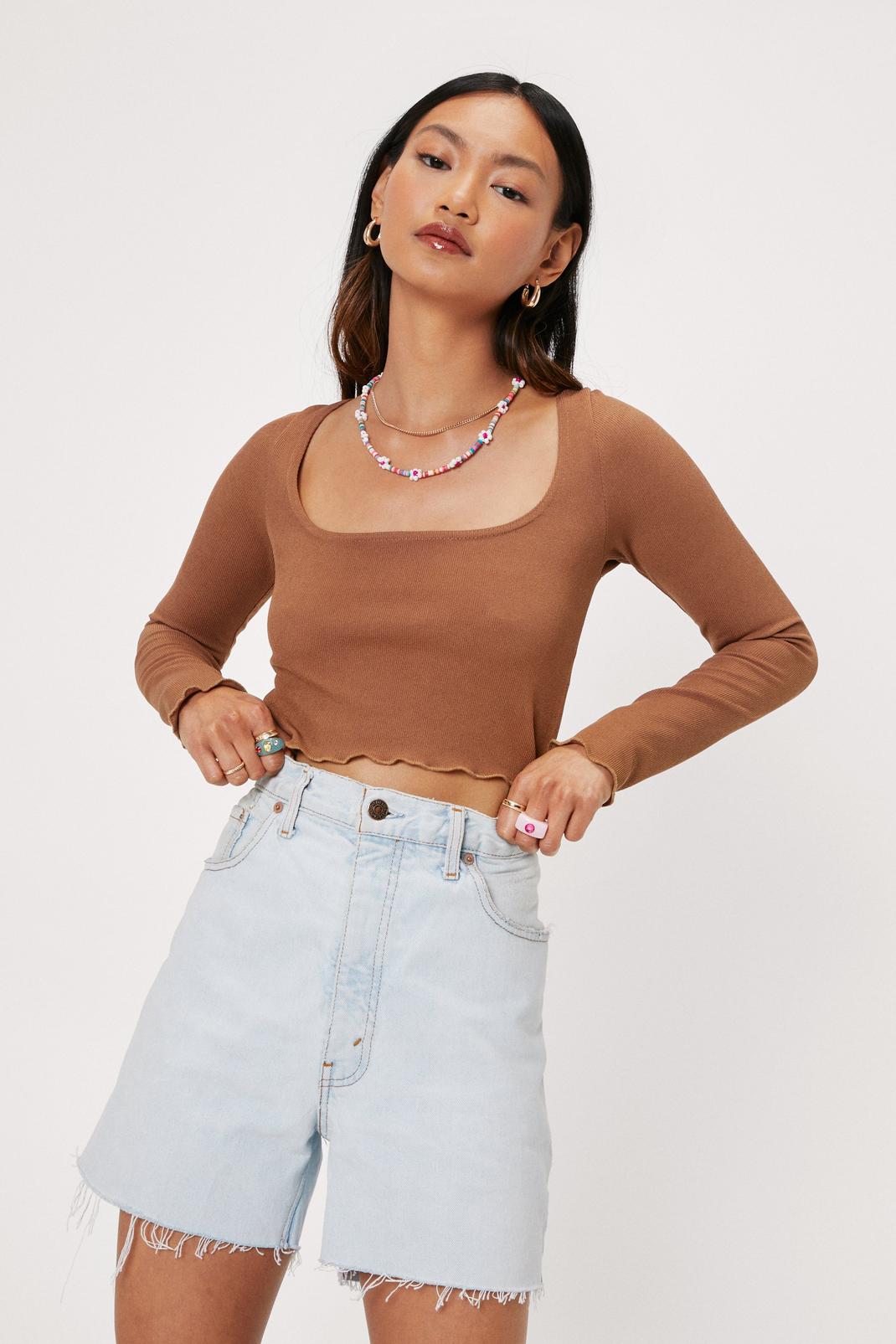 Chocolate Petite Square Neck Long Sleeve Crop Top image number 1