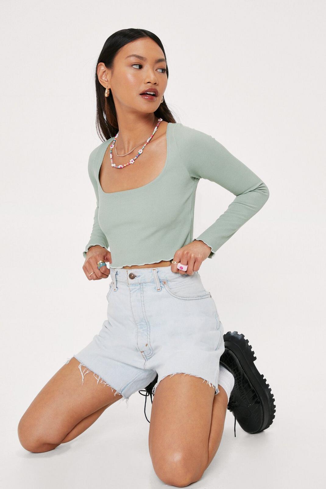209 Petite Square Neck Long Sleeve Crop Top image number 1