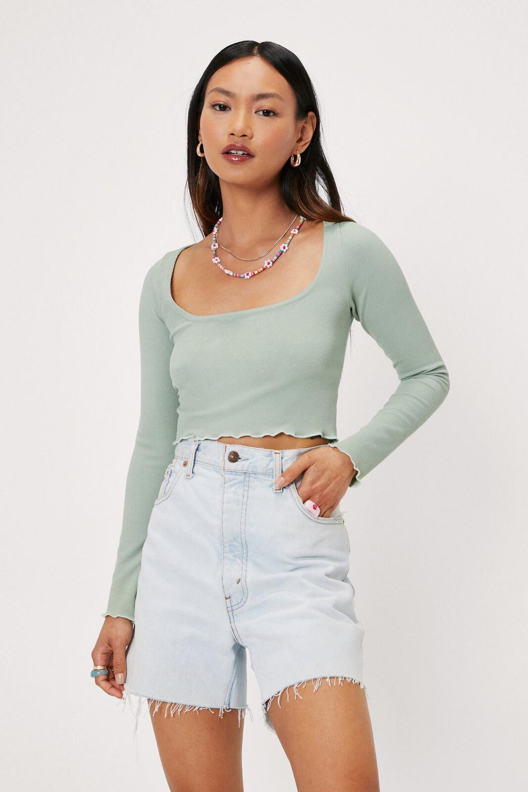 209 Petite Square Neck Long Sleeve Crop Top image number 2