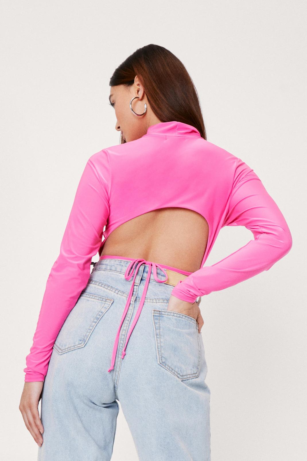 Hot pink Petite Slinky High Neck Open Back Long Sleeve Top image number 1