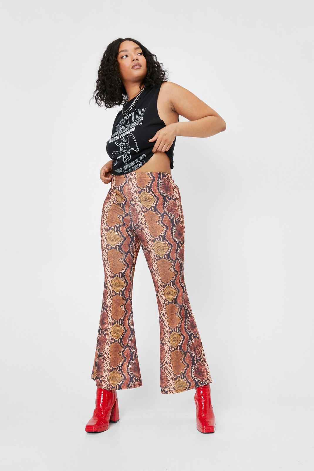 Brown Plus Size Snake Print High Waisted Flare Pants image number 1