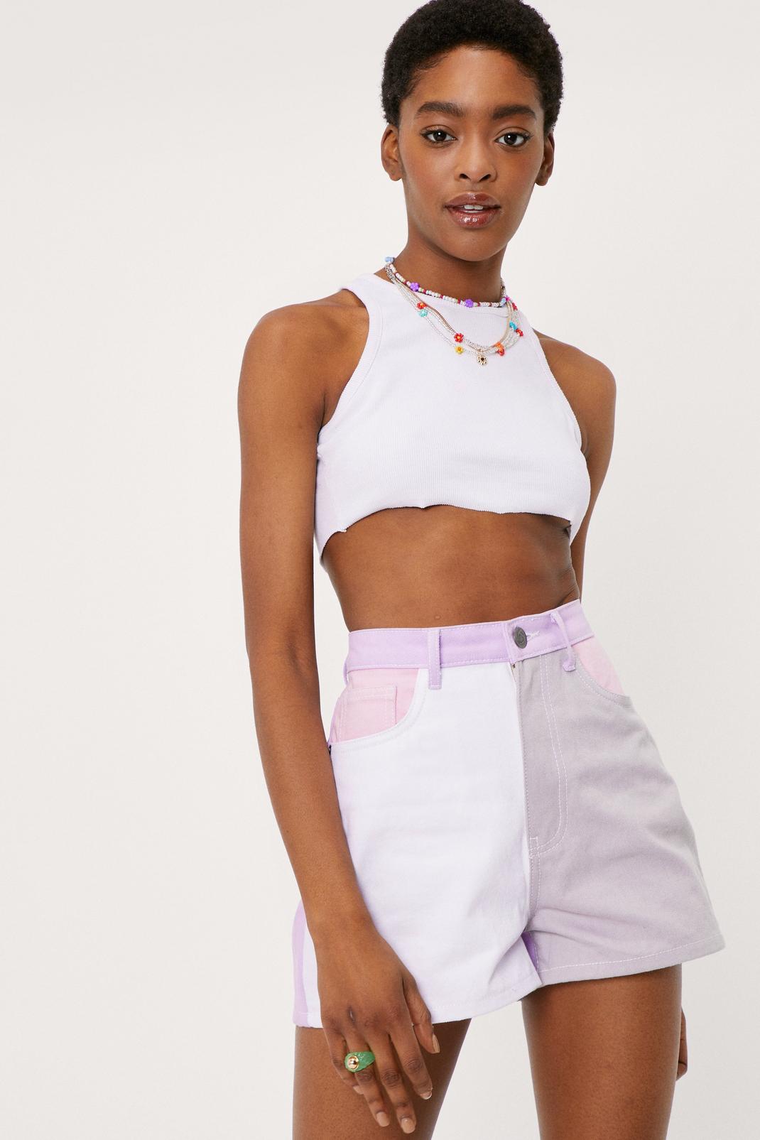 Lilac High Waisted Colorblock Denim Shorts image number 1