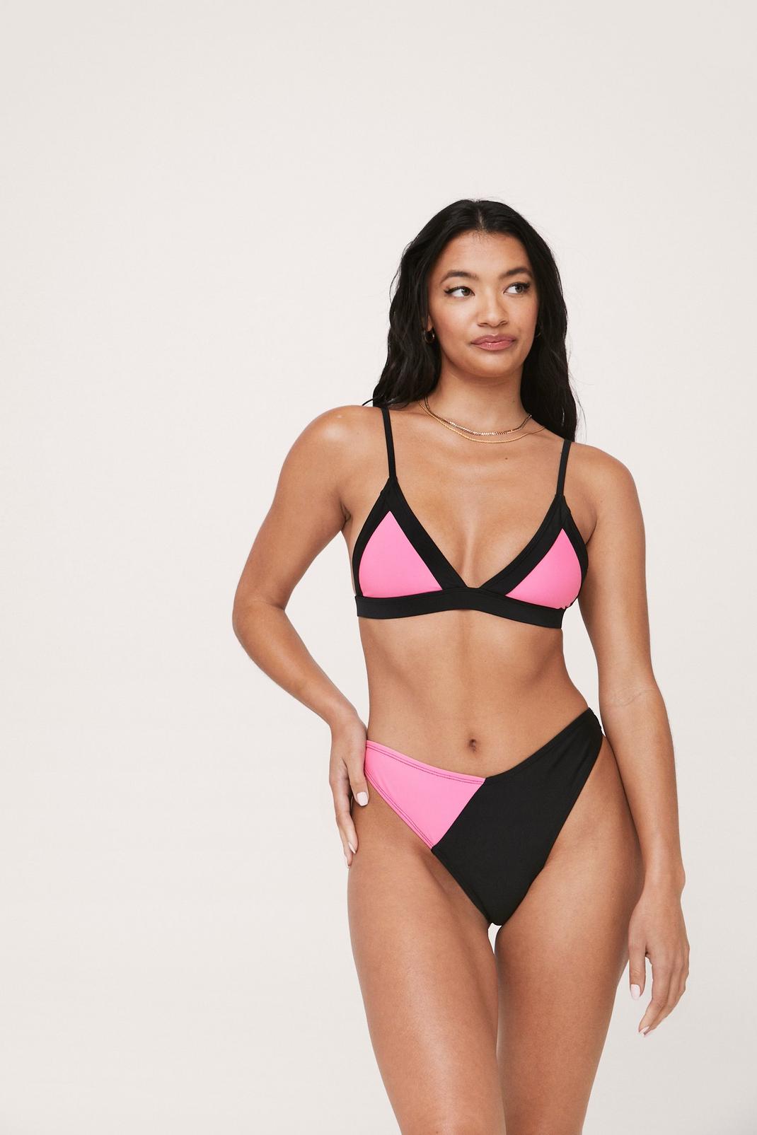Bikini color block haut triangle & bas taille haute en V, Hot pink image number 1