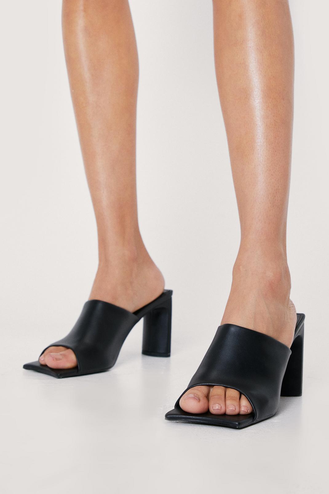 Black Faux Leather Square Toe Block Heel Mules image number 1